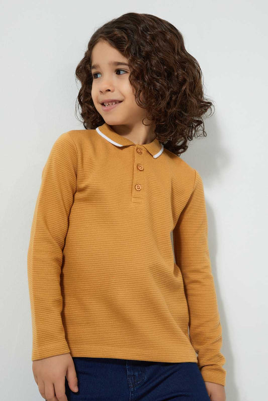 Redtag-Yellow-Ottoman-Long-Sleeve-Polo-Shirt-Polo-Shirts-Boys-2 to 8 Years