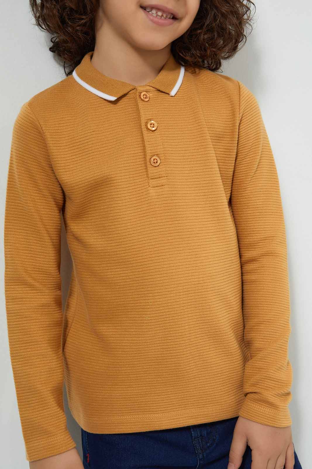Redtag-Yellow-Ottoman-Long-Sleeve-Polo-Shirt-Polo-Shirts-Boys-2 to 8 Years