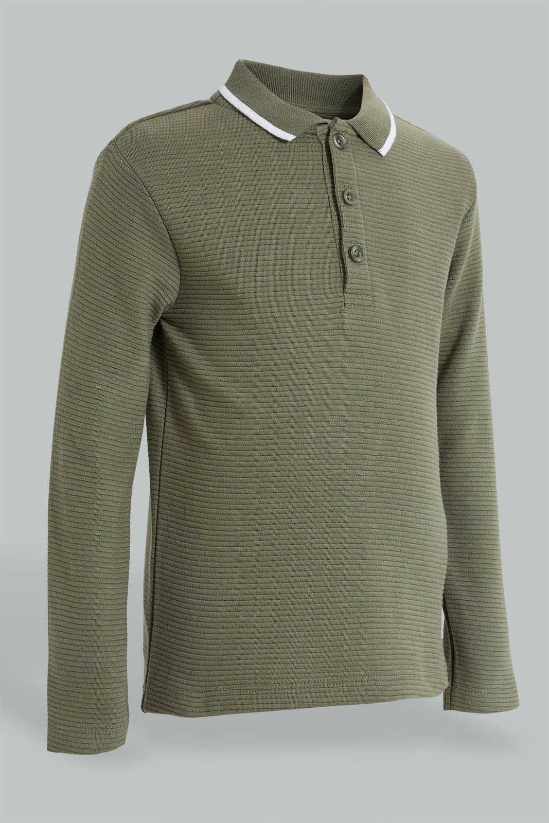 Redtag-Olive-Ottoman-Long-Sleeve-Polo-Shirt-Polo-Shirts-Boys-2 to 8 Years