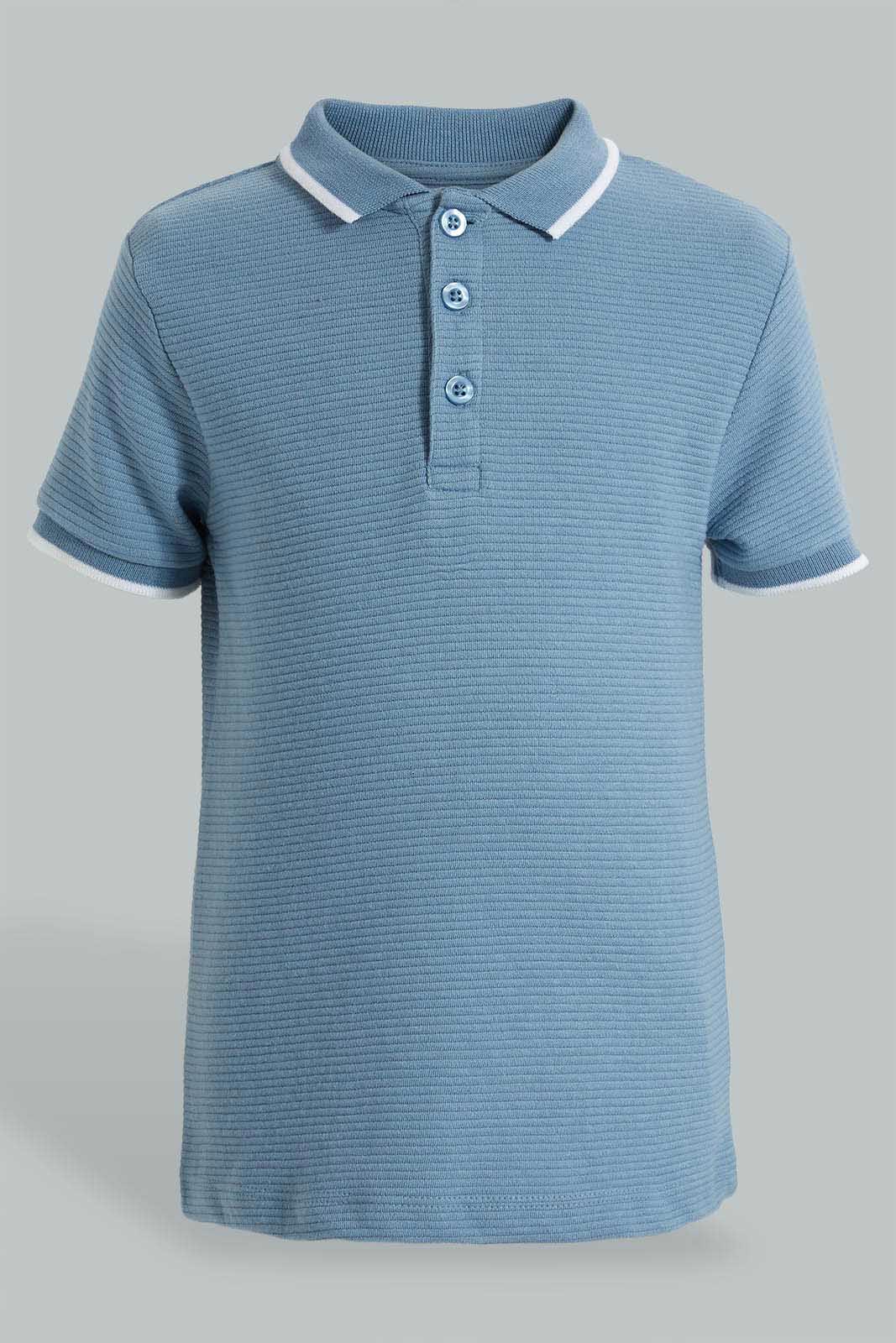 Redtag-Blue-Ottoman-Short-Sleeve-Polo-Shirt-Polo-Shirts-Boys-2 to 8 Years