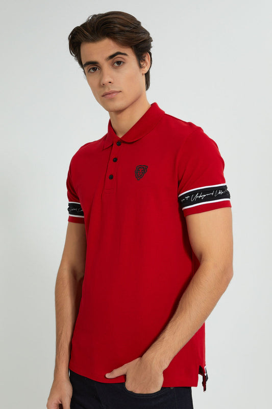 Redtag-Red-Polo-Shirt-With-Tape-Detailing-Polo-Shirts-Men's-