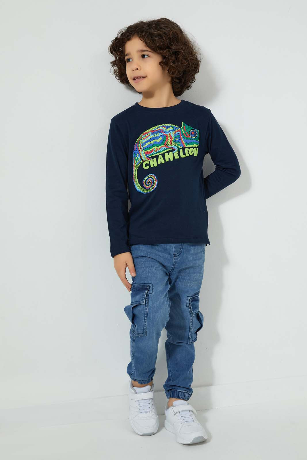 Redtag-Navy-Chameleon-Tshirt-All-Over-Prints-Boys-2 to 8 Years