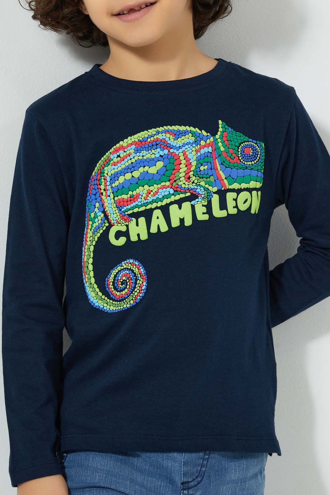 Redtag-Navy-Chameleon-Tshirt-All-Over-Prints-Boys-2 to 8 Years