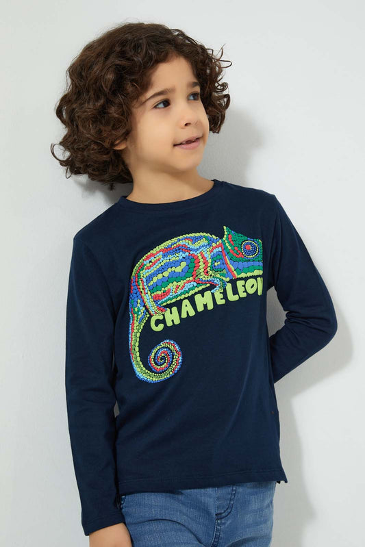 Redtag-Navy-Chameleon-Tshirt-All-Over-Prints-Boys-2 to 8 Years
