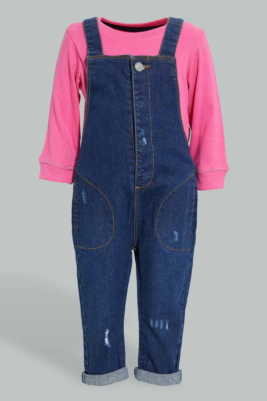 Redtag-Denim-Pocket-Detailed-Dungaree-With-T-Shirt-Shirt-Jumpsuits-Infant-Girls-3 to 24 Months