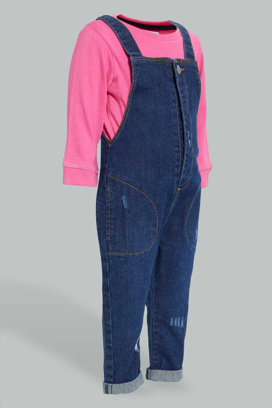 Redtag-Denim-Pocket-Detailed-Dungaree-With-T-Shirt-Shirt-Jumpsuits-Infant-Girls-3 to 24 Months
