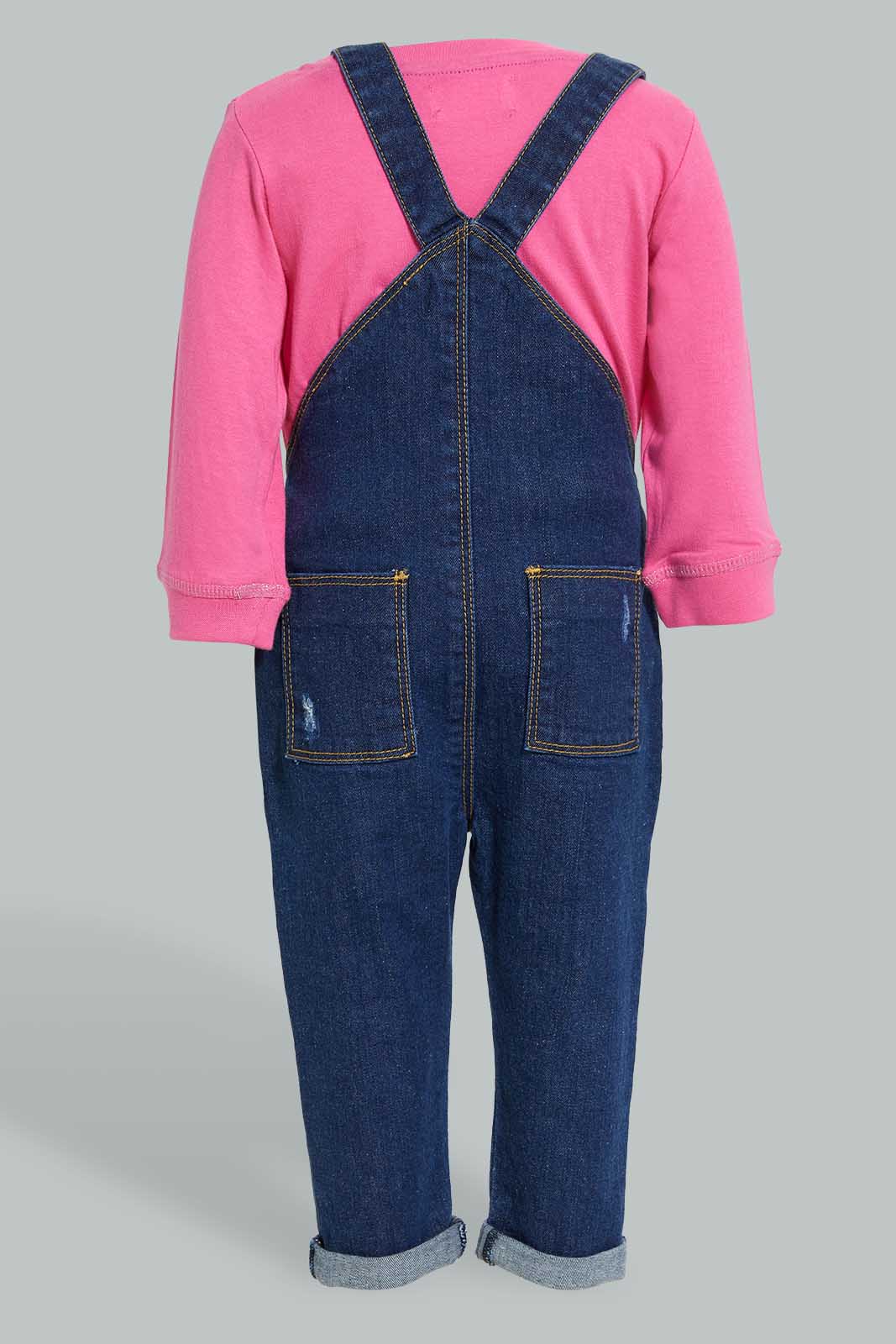 Redtag-Denim-Pocket-Detailed-Dungaree-With-T-Shirt-Shirt-Jumpsuits-Infant-Girls-3 to 24 Months