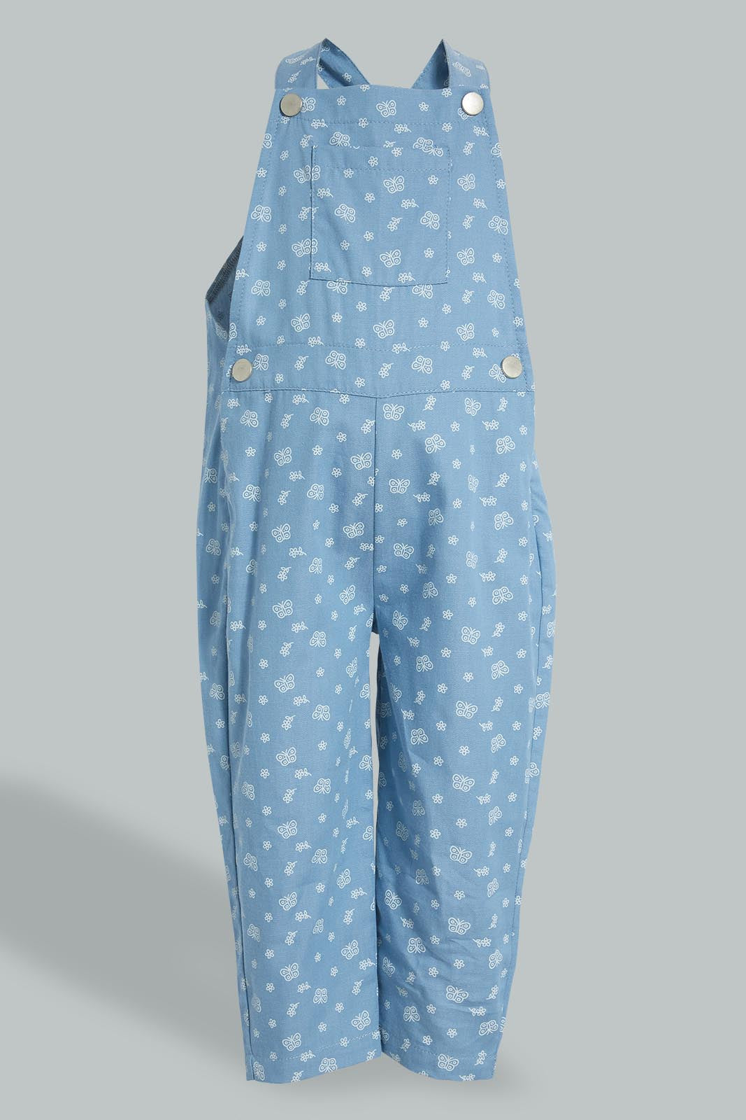 Redtag-Lightwash-Butterfly-Printed-Dungree-With-T-Shirt-Jumpsuits-Infant-Girls-3 to 24 Months