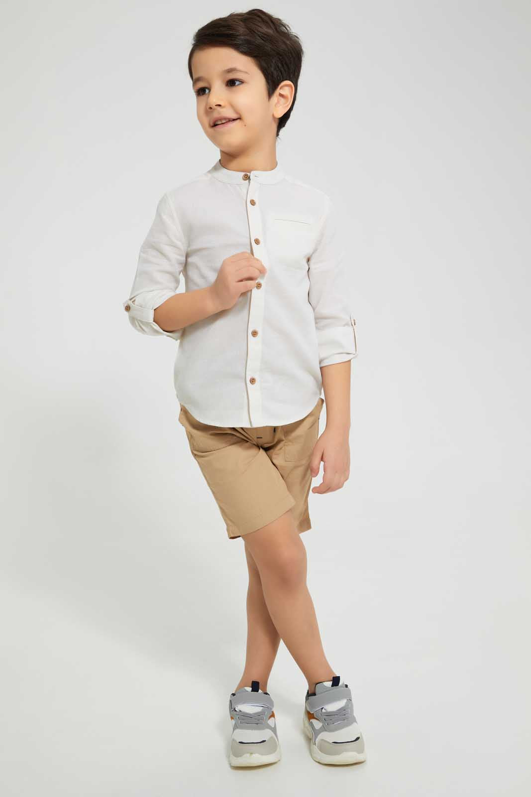 Redtag-Beige-Dobby-Mandarin-Collar-Long-Sleeved-Shirt-Casual-Shirts-Boys-2 to 8 Years