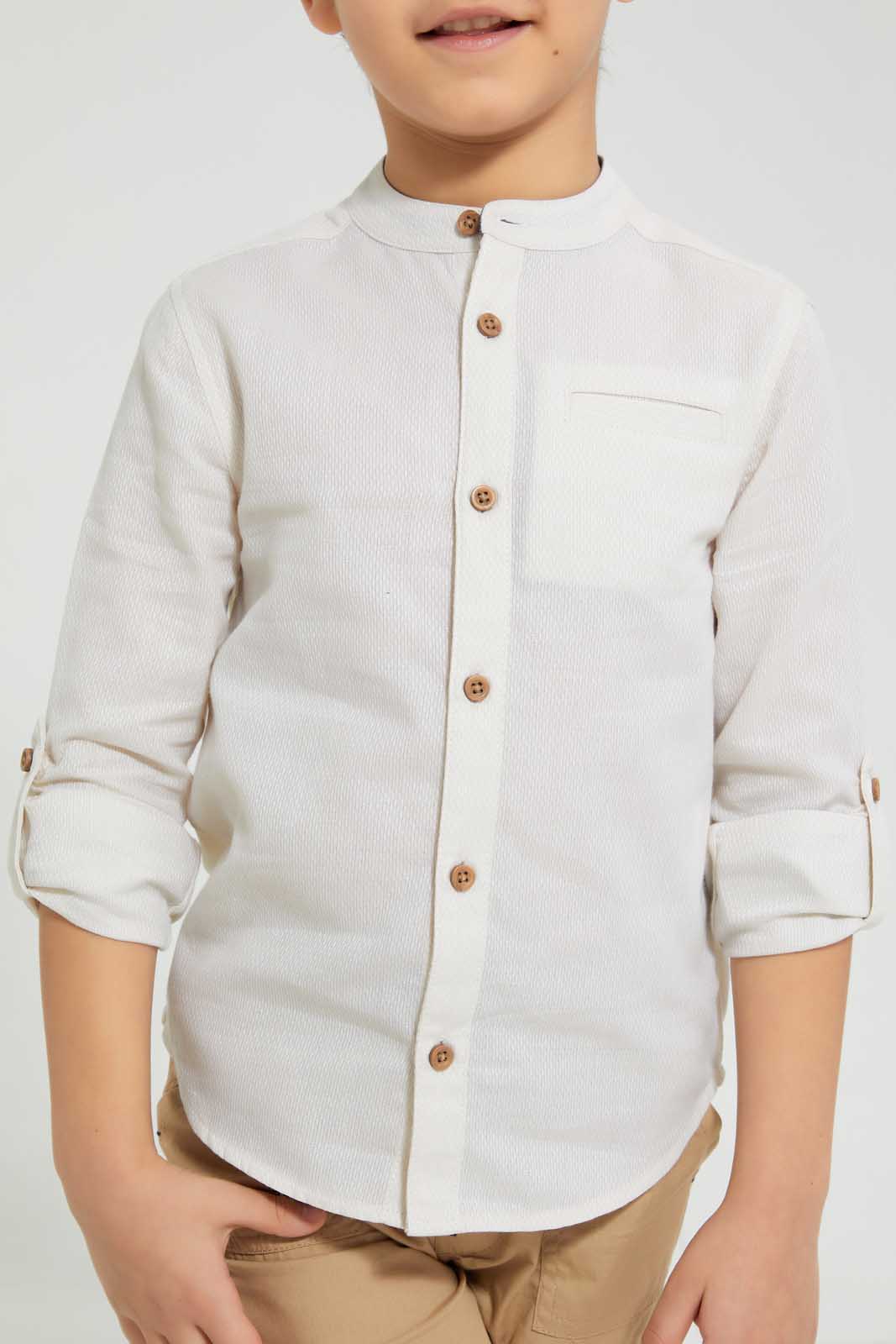 Redtag-Beige-Dobby-Mandarin-Collar-Long-Sleeved-Shirt-Casual-Shirts-Boys-2 to 8 Years