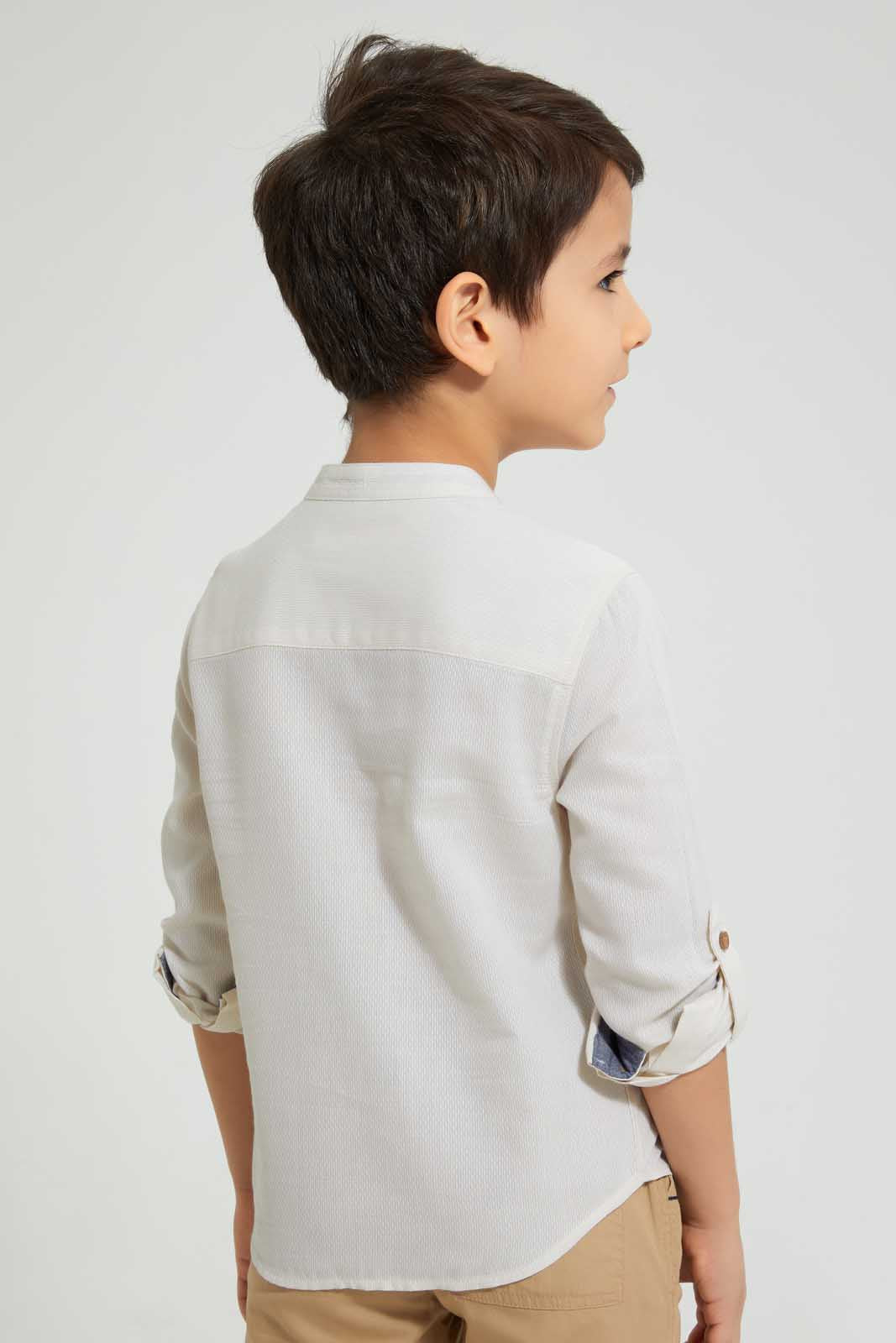 Redtag-Beige-Dobby-Mandarin-Collar-Long-Sleeved-Shirt-Casual-Shirts-Boys-2 to 8 Years