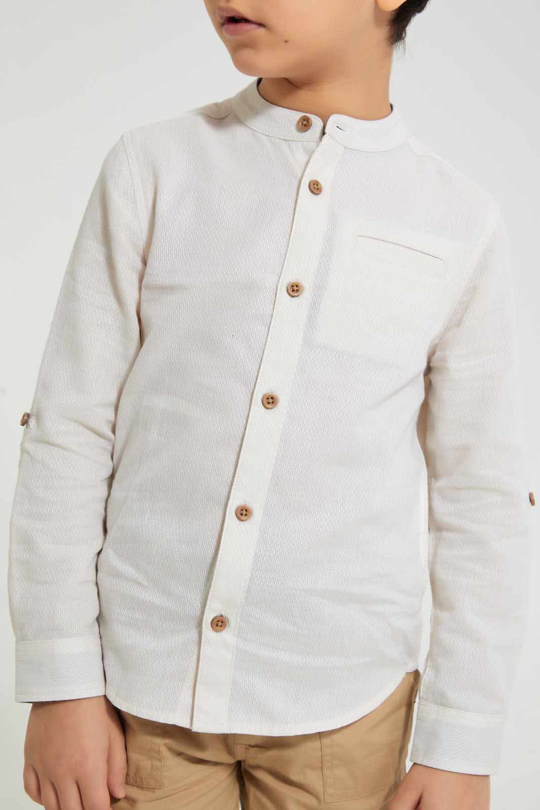 Redtag-Beige-Dobby-Mandarin-Collar-Long-Sleeved-Shirt-Casual-Shirts-Boys-2 to 8 Years