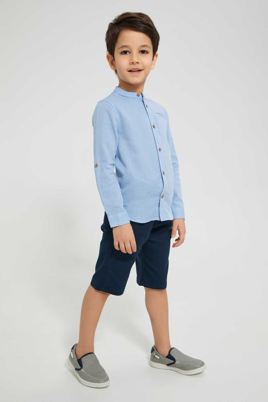 Redtag-Blue-Dobby-Mandarin-Collar-Long-Sleeved-Shirt-Casual-Shirts-Boys-2 to 8 Years