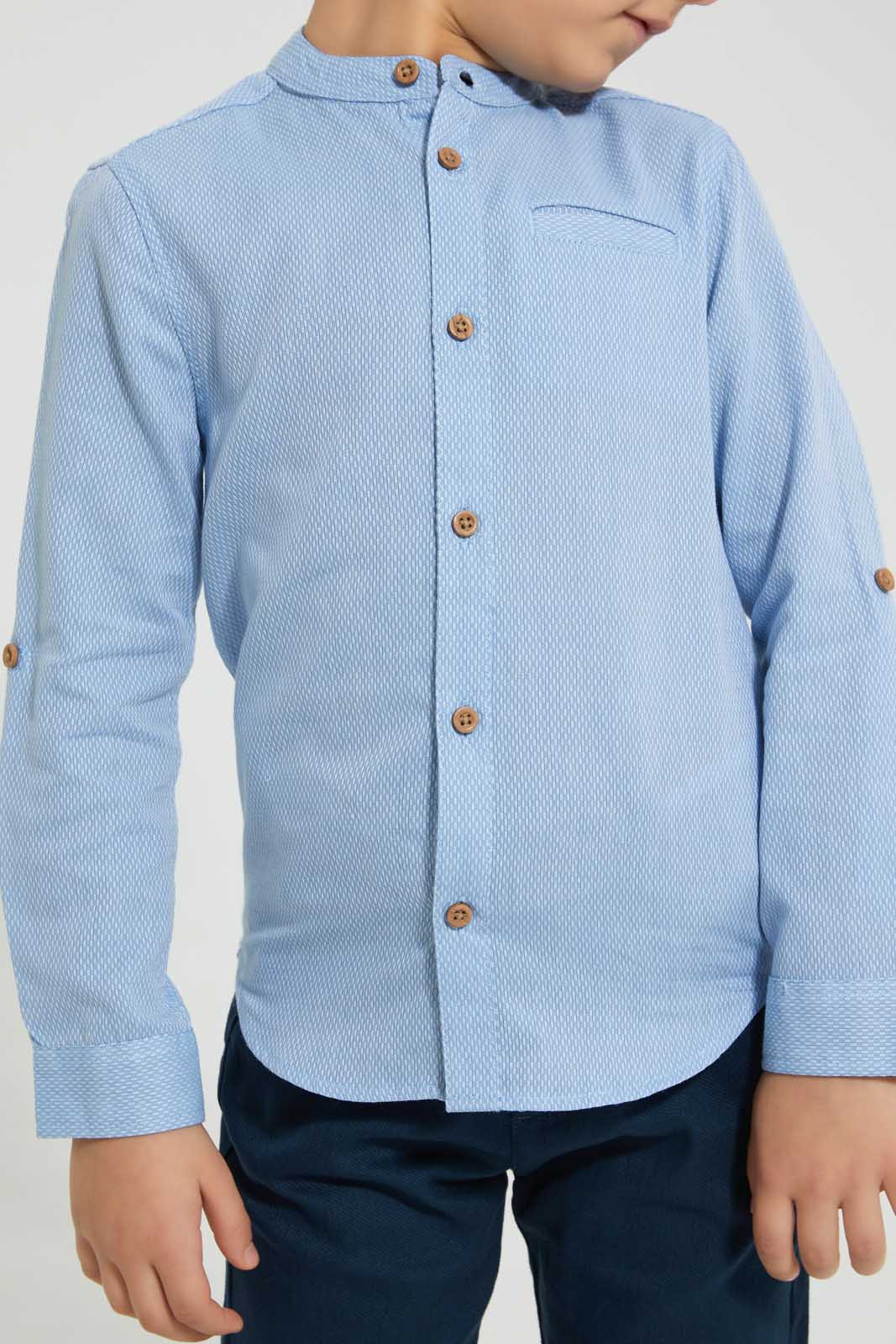 Redtag-Blue-Dobby-Mandarin-Collar-Long-Sleeved-Shirt-Casual-Shirts-Boys-2 to 8 Years