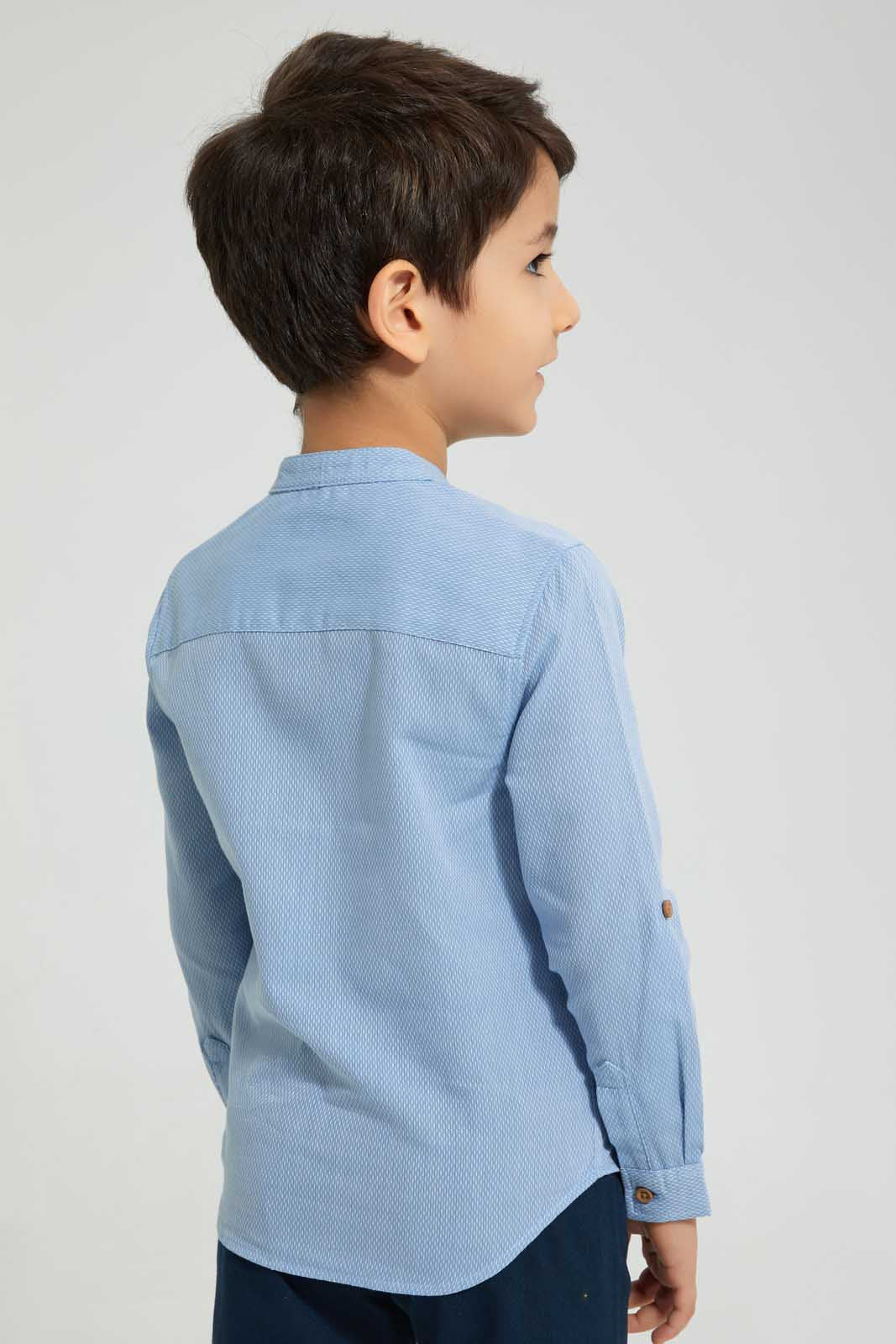 Redtag-Blue-Dobby-Mandarin-Collar-Long-Sleeved-Shirt-Casual-Shirts-Boys-2 to 8 Years
