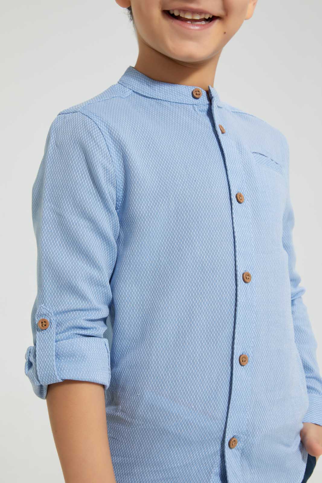 Redtag-Blue-Dobby-Mandarin-Collar-Long-Sleeved-Shirt-Casual-Shirts-Boys-2 to 8 Years
