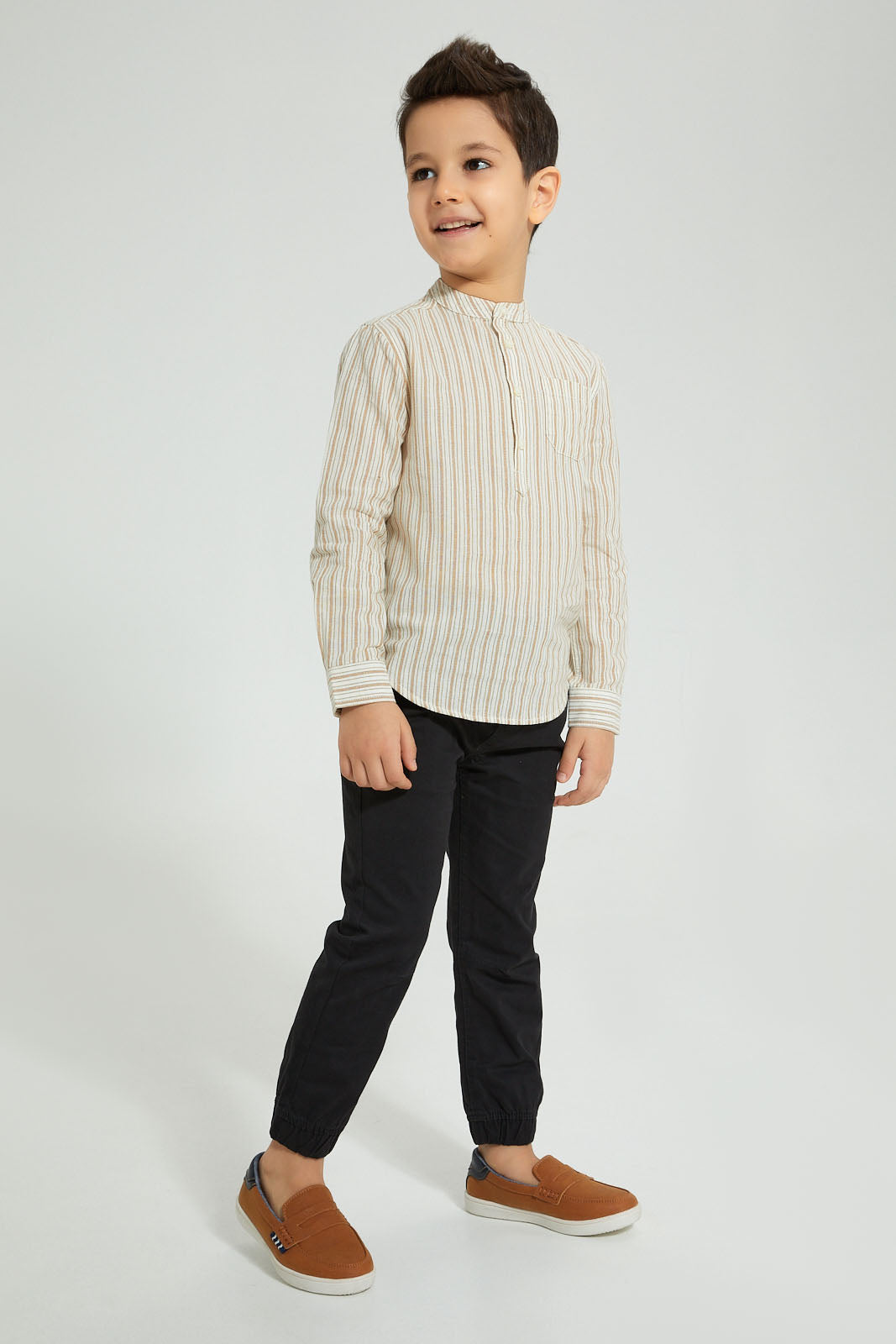 Redtag-Stone-Stripe-Mandarin-Collar-Shirt-Boys-Shirts,-Colour:Beige,-Filter:Boys-(2-to-8-Yrs),-New-In,-New-In-BOY,-Non-Sale,-S22B,-Section:Kidswear-Boys-2 to 8 Years