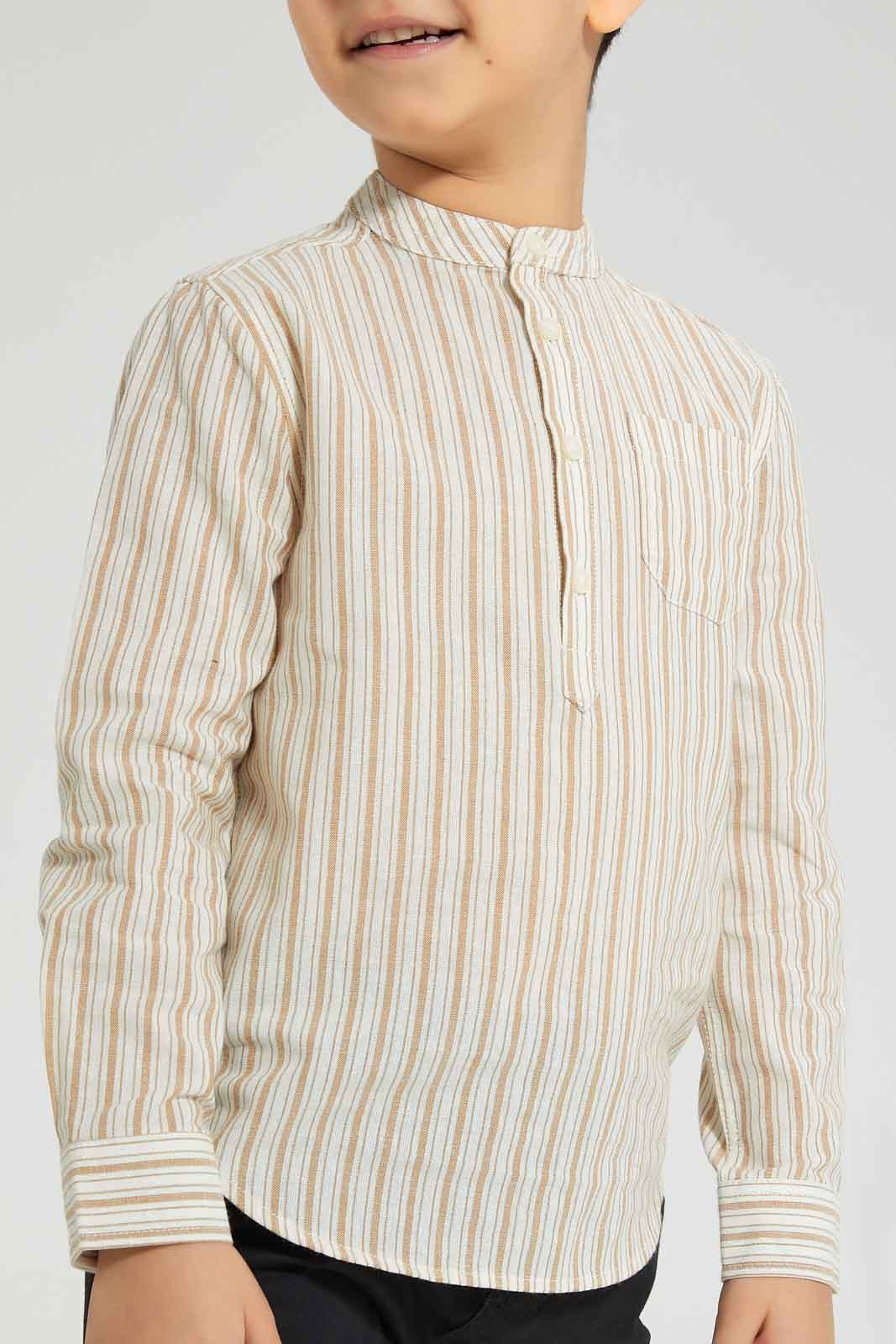 Redtag-Stone-Stripe-Mandarin-Collar-Shirt-Boys-Shirts,-Colour:Beige,-Filter:Boys-(2-to-8-Yrs),-New-In,-New-In-BOY,-Non-Sale,-S22B,-Section:Kidswear-Boys-2 to 8 Years