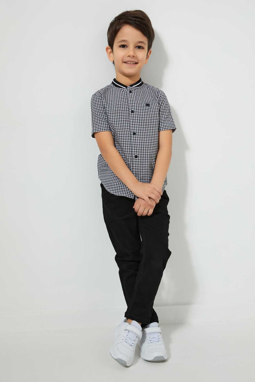Redtag-Black-Check-Baseball-Neck-Short-Sleeve-Shirt-Casual-Shirts-Boys-2 to 8 Years