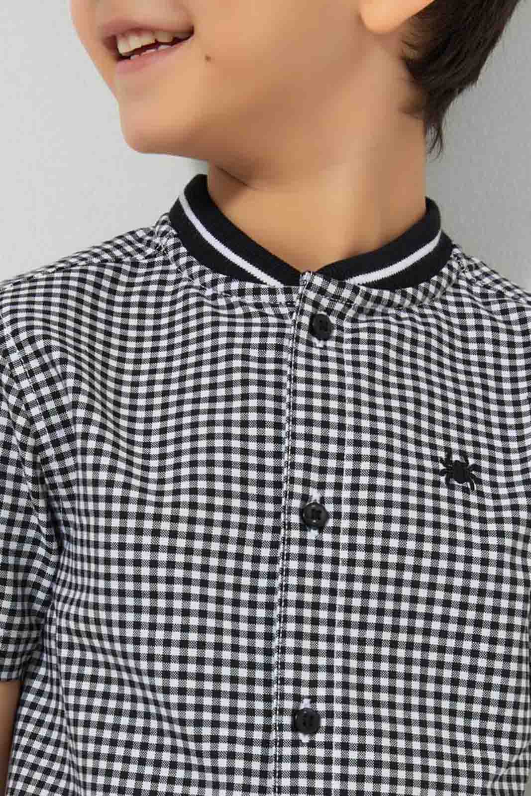 Redtag-Black-Check-Baseball-Neck-Short-Sleeve-Shirt-Casual-Shirts-Boys-2 to 8 Years
