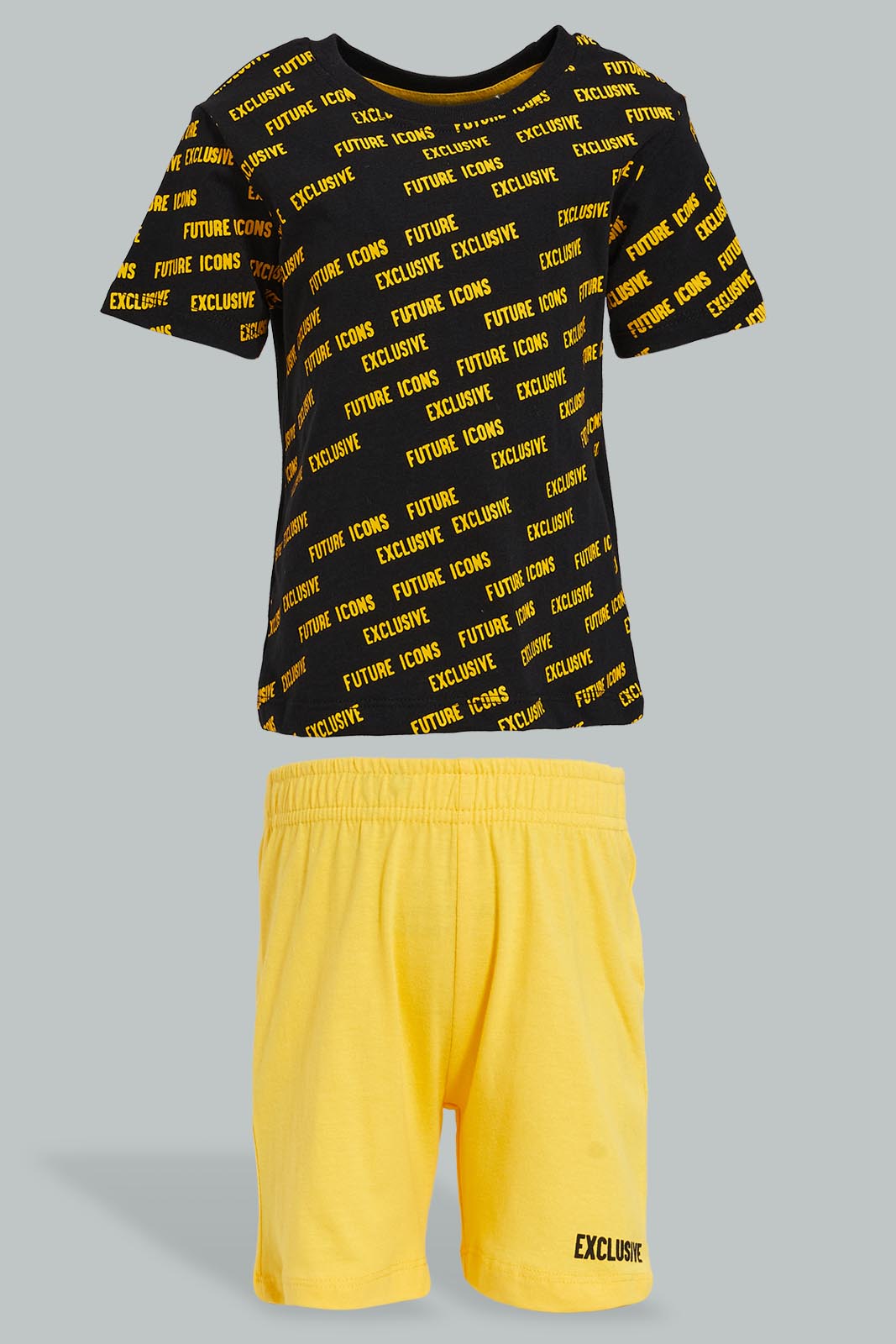 Redtag-Black-Printed-T-Shirt-With-Yellow-Jersey-Short-Casual-Set-(2-Pack)-Colour:Black,-Filter:Infant-Boys-(3-to-24-Mths),-Infant-Boys-Sets,-New-In,-New-In-INB,-Non-Sale,-S22A,-Section:Kidswear-Infant-Boys-3 to 24 Months