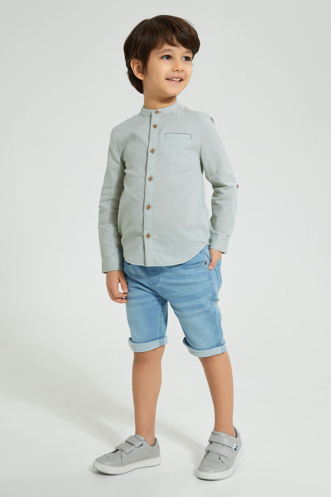 Redtag-Olive-Dobby-Mandarin-Collar-Long-Sleeved-Shirt-Casual-Shirts-Boys-2 to 8 Years