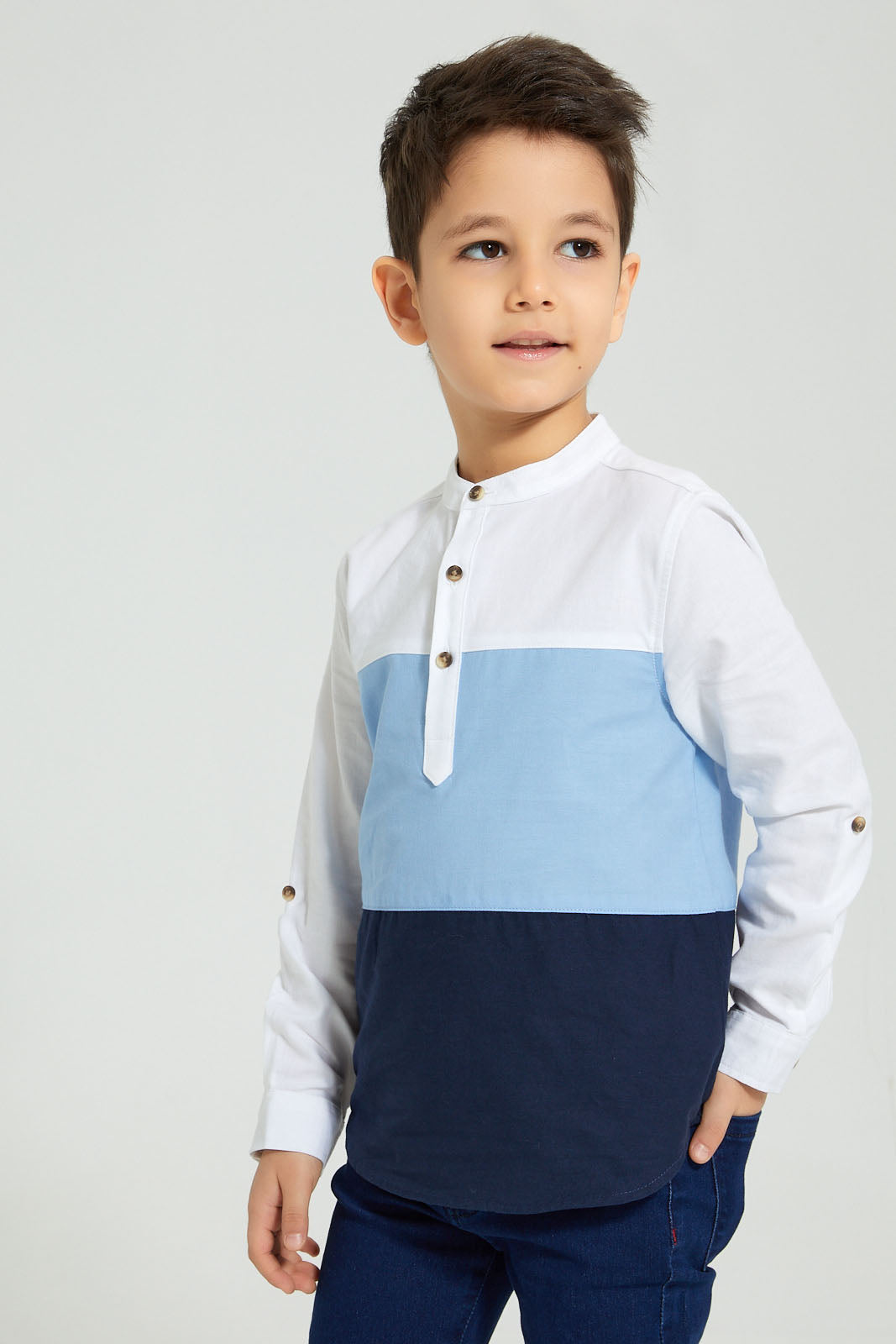 Redtag-Blue-Panelled-Manadarin-Long-Sleeved-Shirt-Boys-Shirts,-Colour:Blue,-Filter:Boys-(2-to-8-Yrs),-New-In,-New-In-BOY,-Non-Sale,-S22B,-Section:Kidswear-Boys-2 to 8 Years