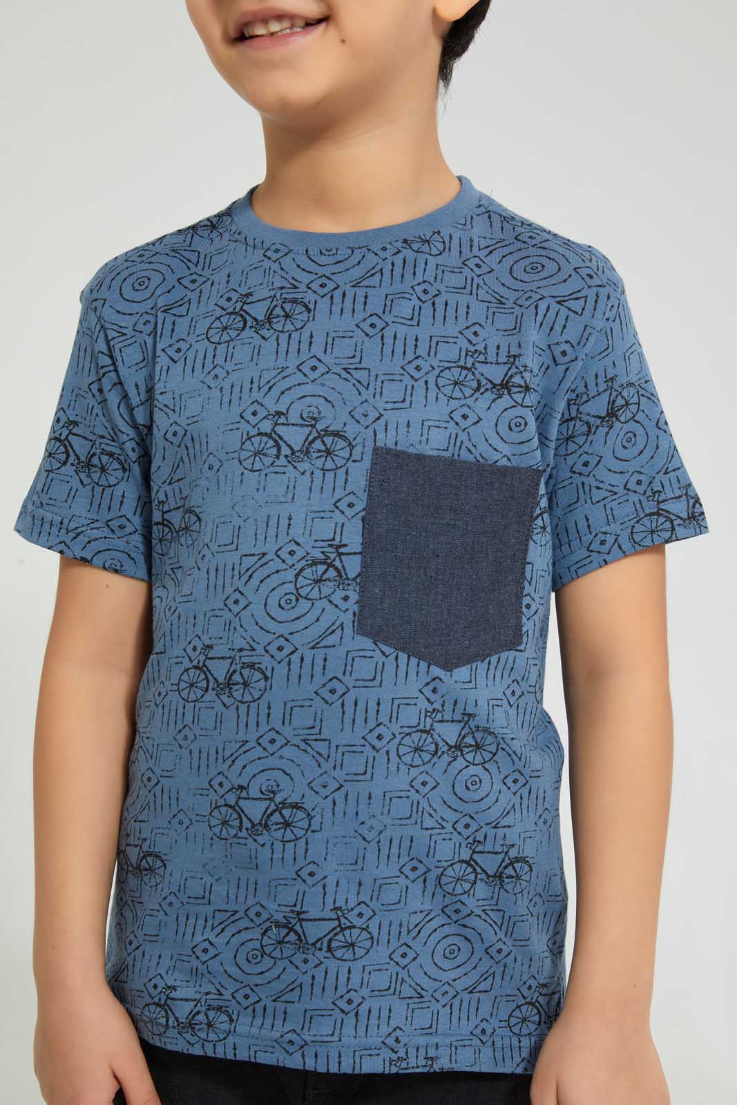 Redtag-Blue-Bicycle-Print-T-Shirt-All-Over-Prints-Boys-2 to 8 Years
