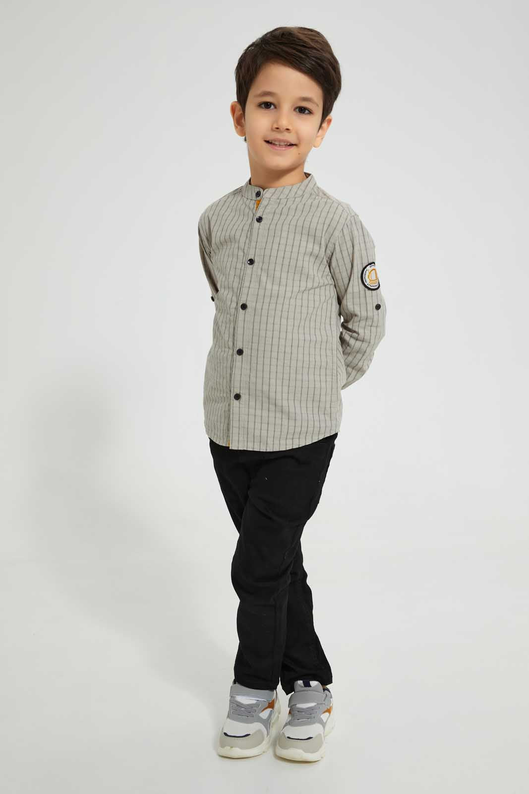 Redtag-White-Long-Sleeve-Check-Mandarin-Shirt-Casual-Shirts-Boys-2 to 8 Years