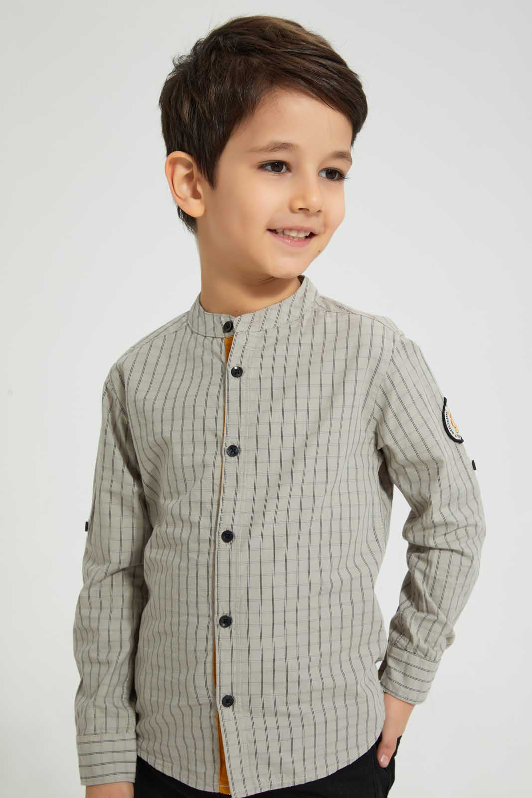 Redtag-White-Long-Sleeve-Check-Mandarin-Shirt-Casual-Shirts-Boys-2 to 8 Years