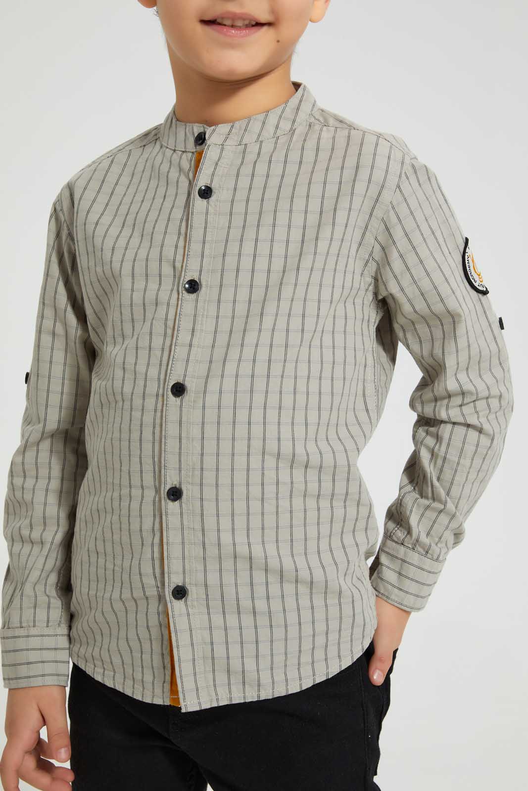 Redtag-White-Long-Sleeve-Check-Mandarin-Shirt-Casual-Shirts-Boys-2 to 8 Years