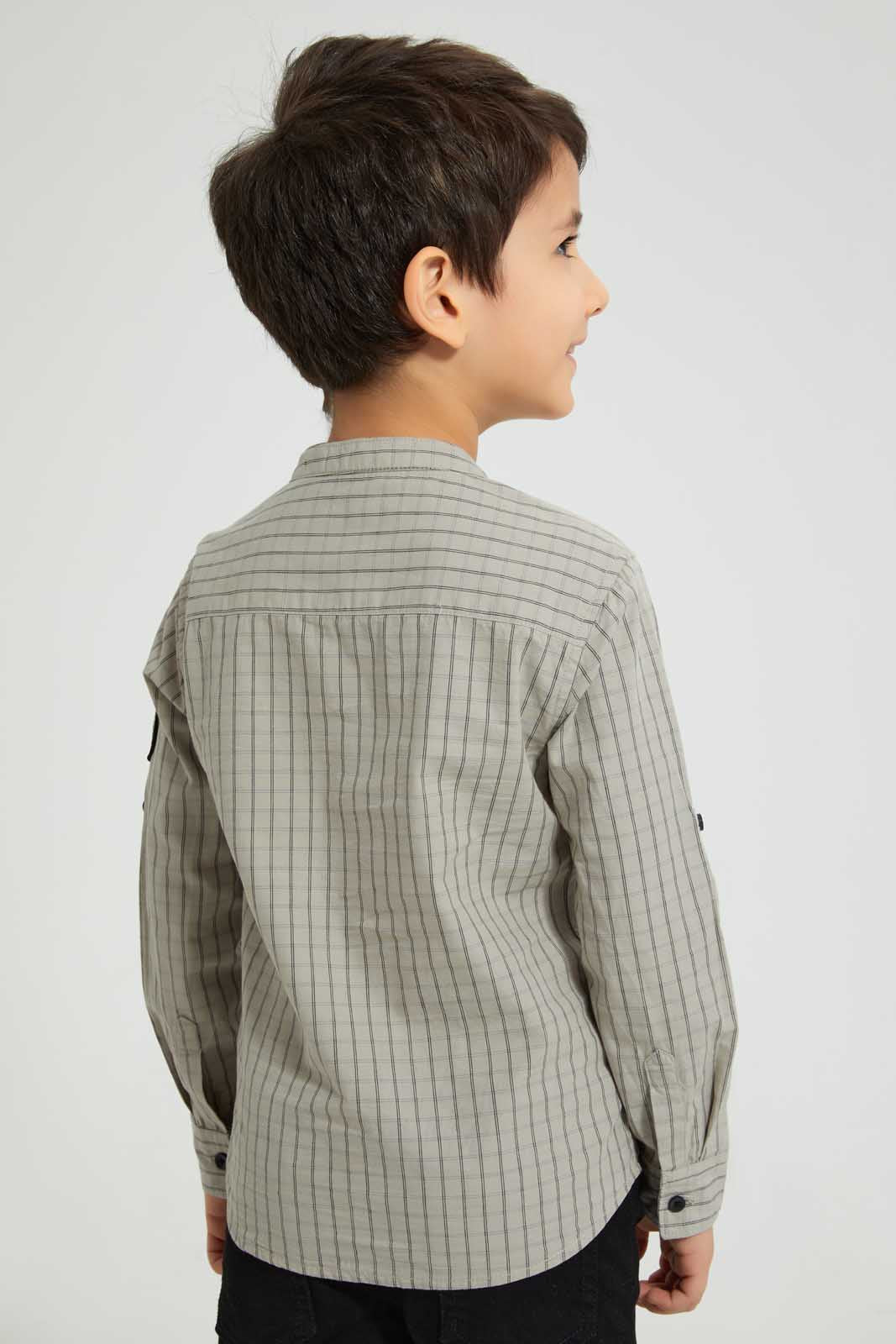Redtag-White-Long-Sleeve-Check-Mandarin-Shirt-Casual-Shirts-Boys-2 to 8 Years