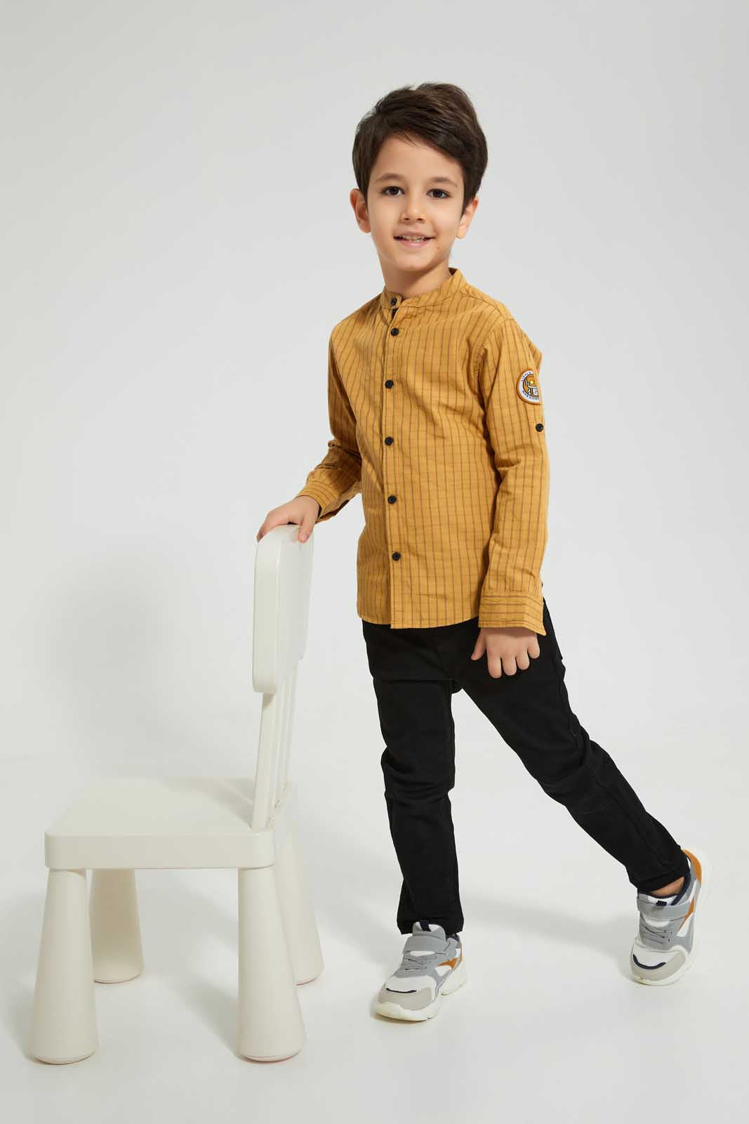 Redtag-Yellow-Long-Sleeve--Check-Mandarin-Shirt-Casual-Shirts-Boys-2 to 8 Years