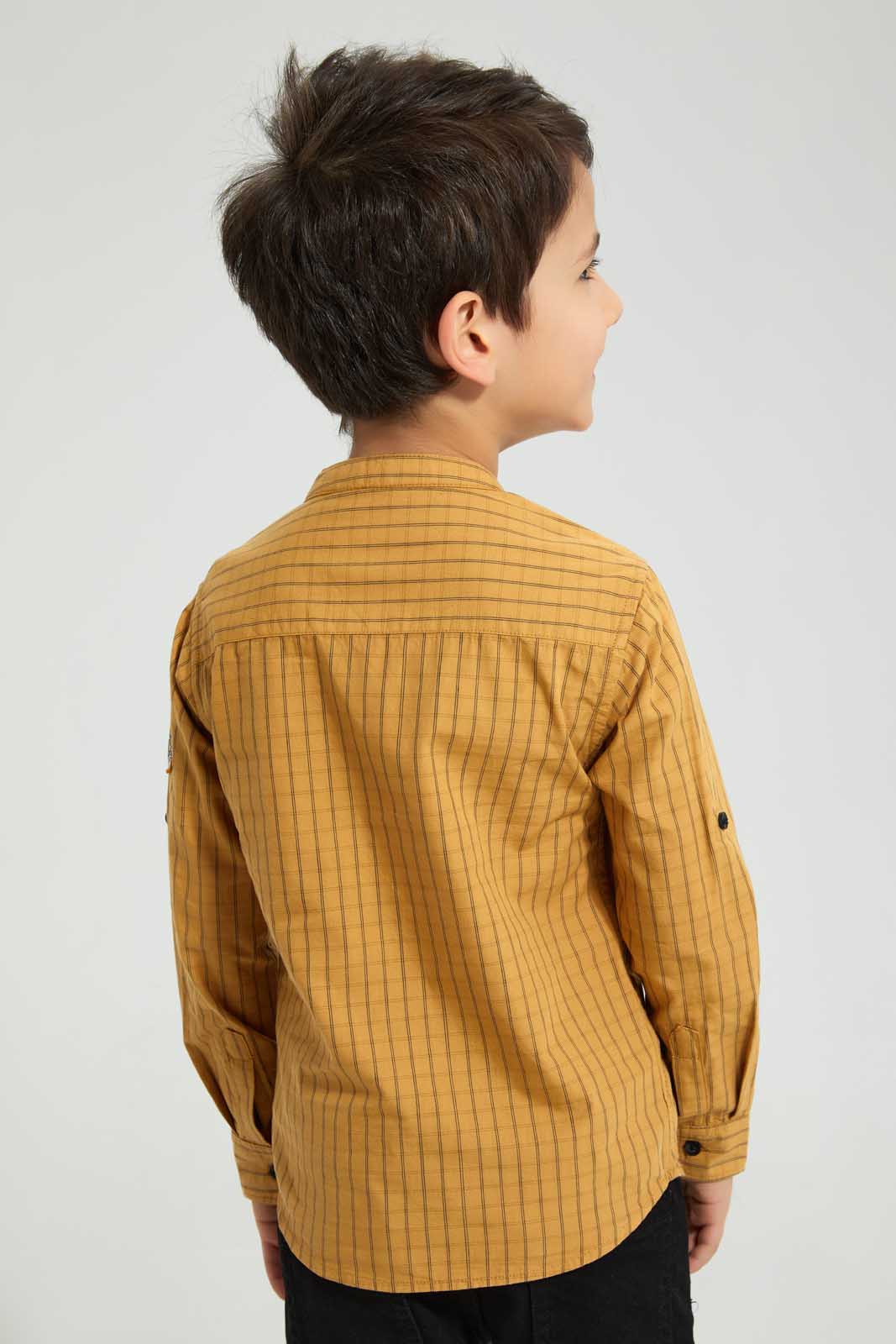 Redtag-Yellow-Long-Sleeve--Check-Mandarin-Shirt-Casual-Shirts-Boys-2 to 8 Years