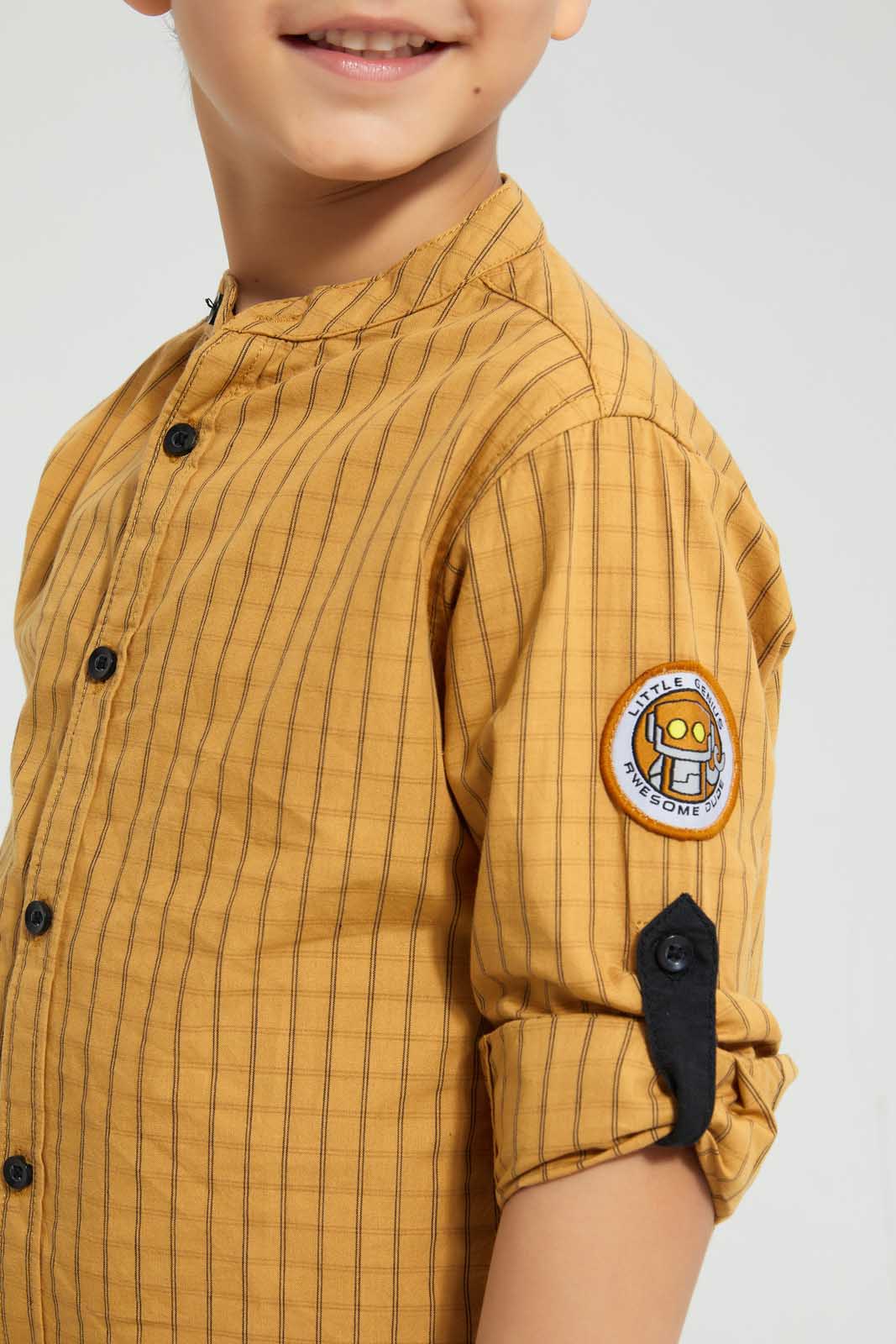 Redtag-Yellow-Long-Sleeve--Check-Mandarin-Shirt-Casual-Shirts-Boys-2 to 8 Years
