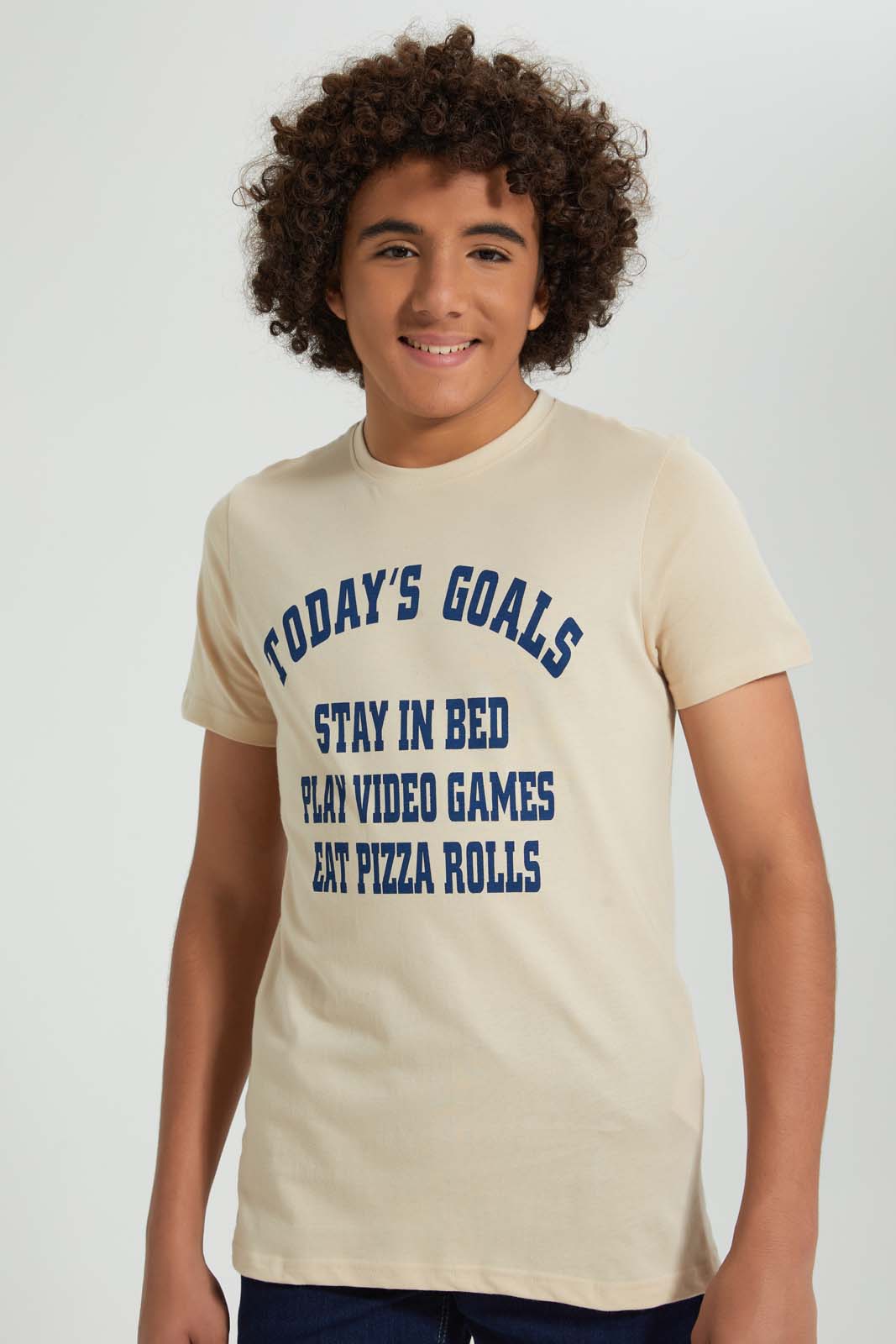 Redtag-Beige-Goals-Tee-All-Over-Prints-Senior-Boys-9 to 14 Years