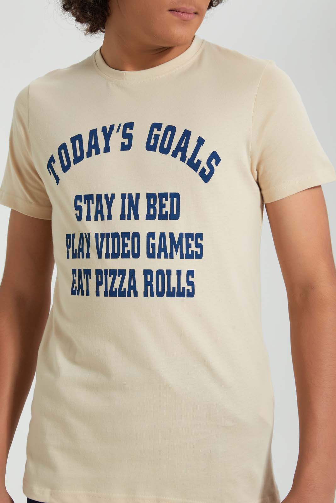 Redtag-Beige-Goals-Tee-All-Over-Prints-Senior-Boys-9 to 14 Years