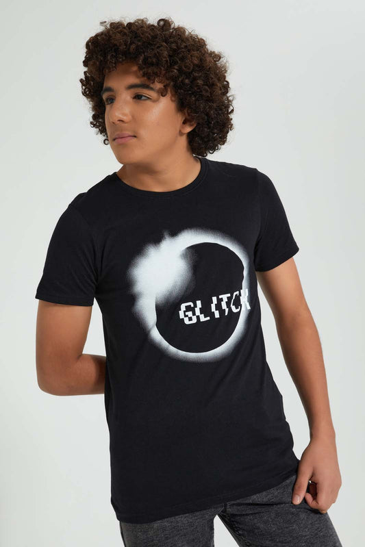 Redtag-Black-Glitch-Tee-All-Over-Prints-Senior-Boys-9 to 14 Years
