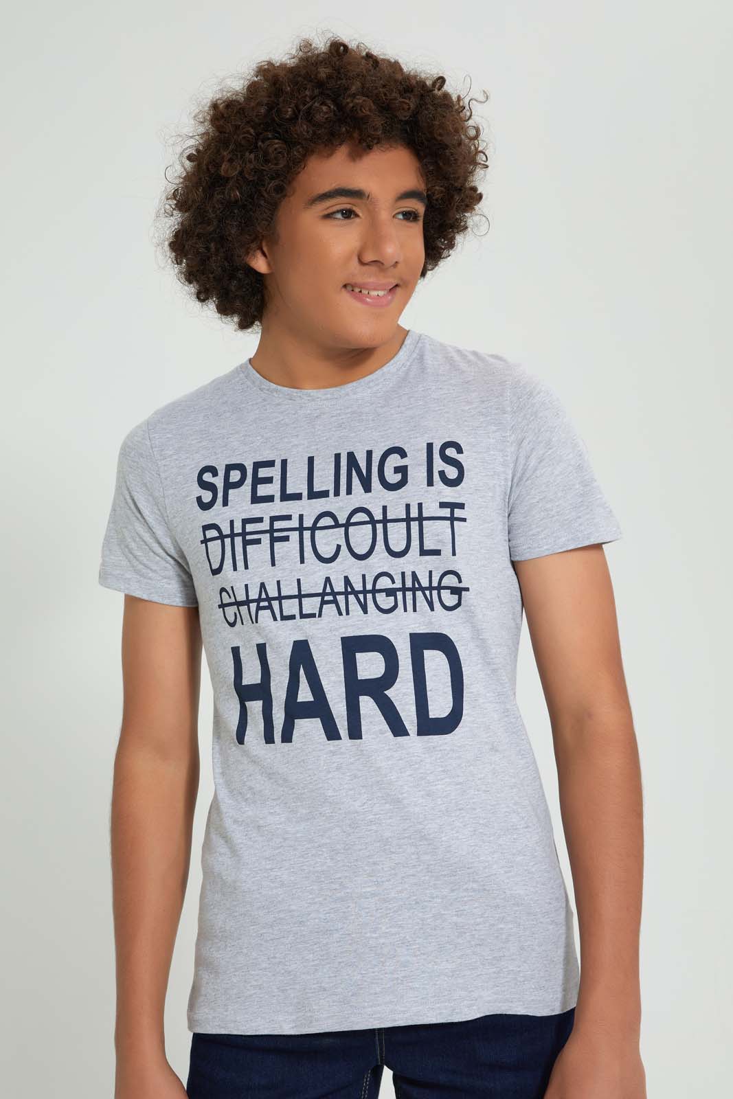 Redtag-Grey-Spelling-Tee-All-Over-Prints-Senior-Boys-9 to 14 Years