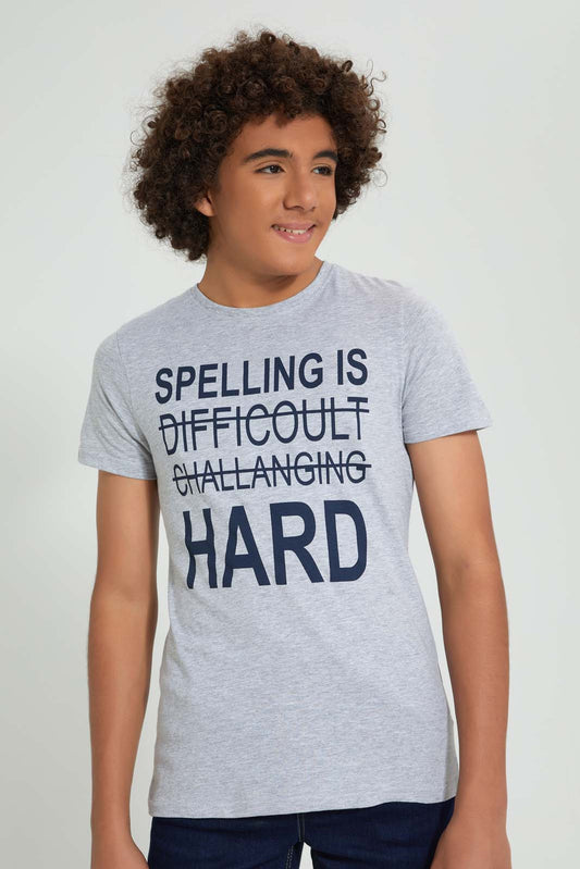 Redtag-Grey-Spelling-Tee-All-Over-Prints-Senior-Boys-9 to 14 Years