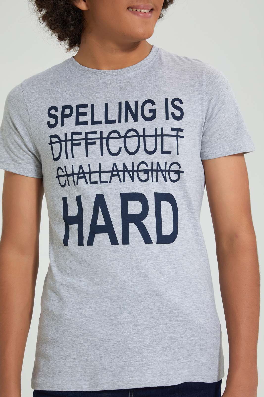 Redtag-Grey-Spelling-Tee-All-Over-Prints-Senior-Boys-9 to 14 Years