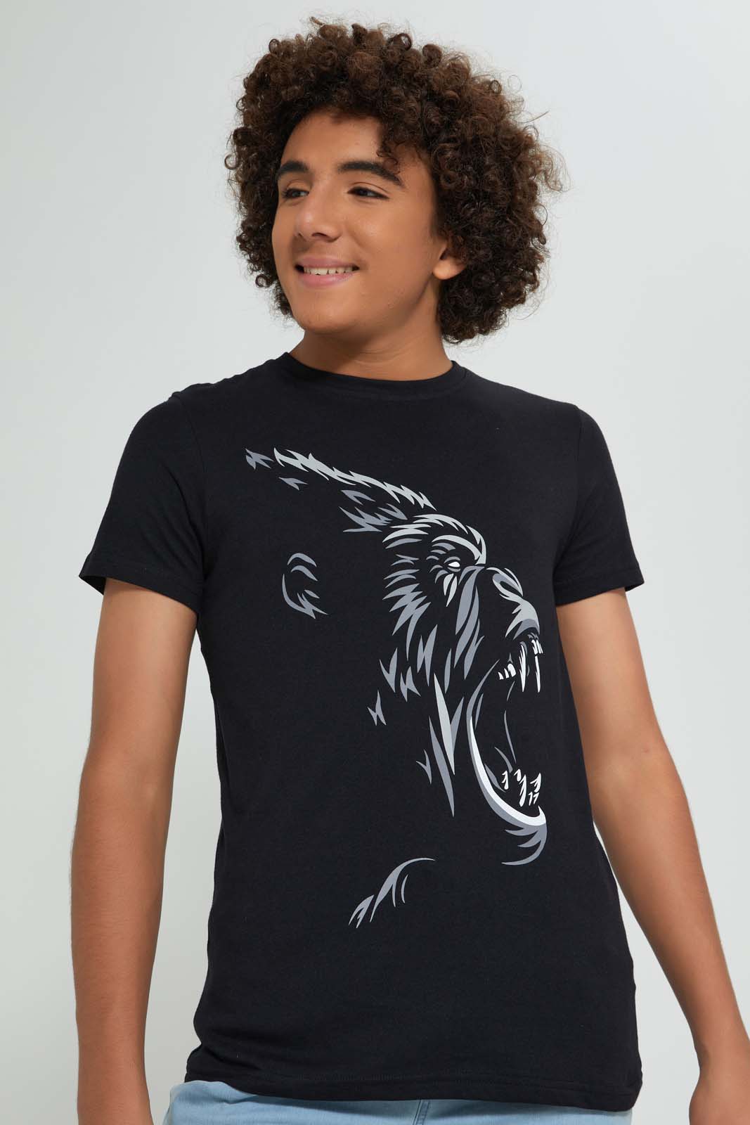 Redtag-Black-Gorilla-Tee-All-Over-Prints-Senior-Boys-9 to 14 Years