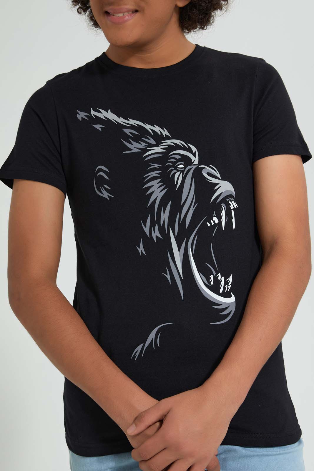 Redtag-Black-Gorilla-Tee-All-Over-Prints-Senior-Boys-9 to 14 Years