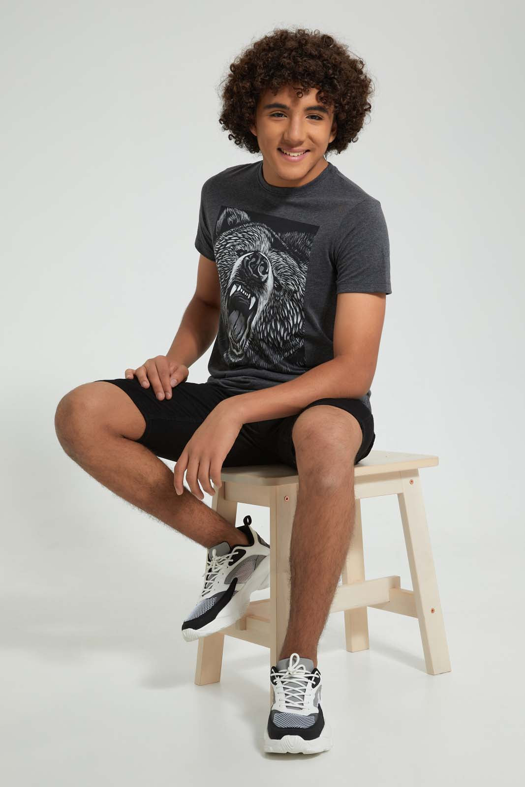 Redtag-Charcoal-Bear-Tee-All-Over-Prints-Senior-Boys-9 to 14 Years