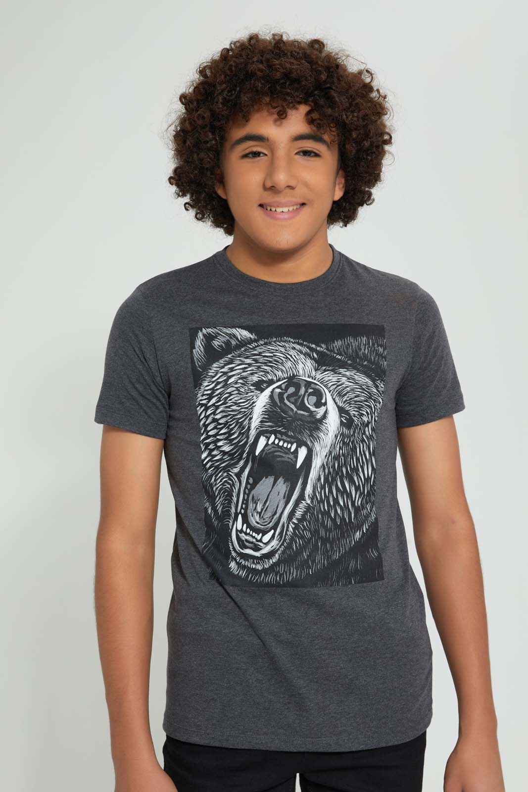 Redtag-Charcoal-Bear-Tee-All-Over-Prints-Senior-Boys-9 to 14 Years