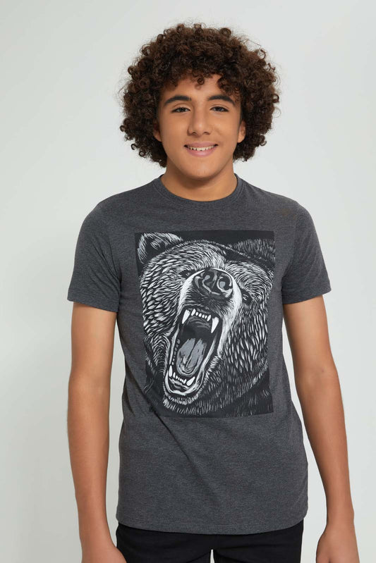 Redtag-Charcoal-Bear-Tee-All-Over-Prints-Senior-Boys-9 to 14 Years