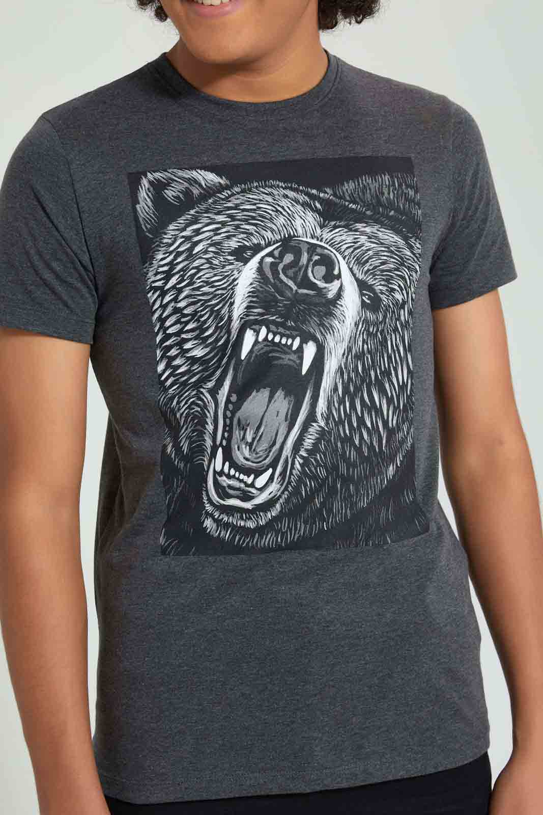 Redtag-Charcoal-Bear-Tee-All-Over-Prints-Senior-Boys-9 to 14 Years