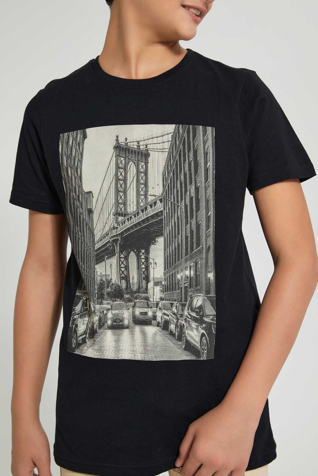 Redtag-Black-Brooklyn-Bridge-T-Shirt-Graphic-Prints-Senior-Boys-9 to 14 Years