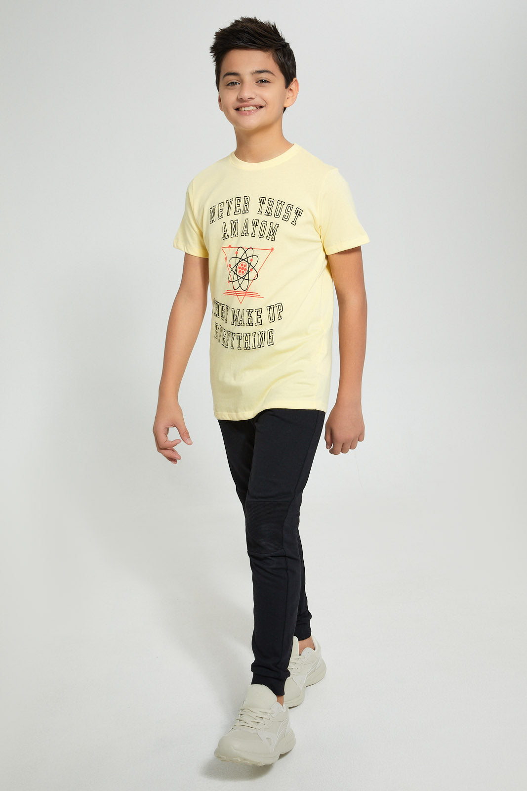 Redtag-Yellow-Never-Trust-An-Atom-T-Shirt-Graphic-Prints-Senior-Boys-9 to 14 Years