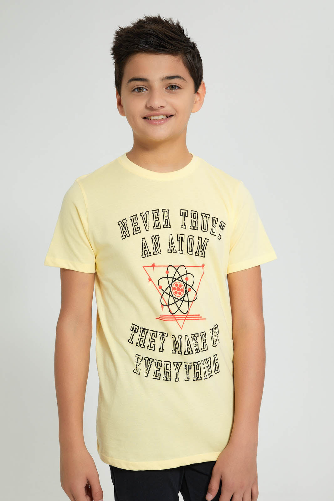 Redtag-Yellow-Never-Trust-An-Atom-T-Shirt-Graphic-Prints-Senior-Boys-9 to 14 Years